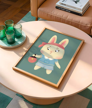 Illustration d'un lapin cartoon avec un bandeau et un sac rond