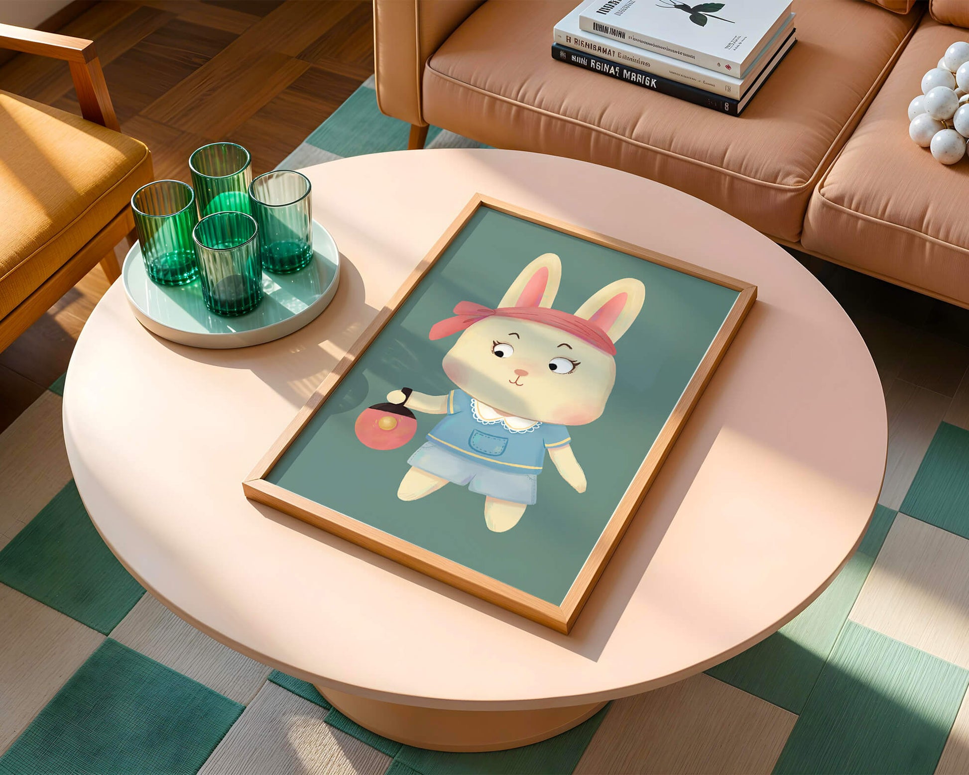 Illustration d'un lapin cartoon avec un bandeau et un sac rond