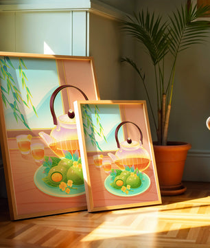 Tea set with green treats and bamboo leaves in serene setting