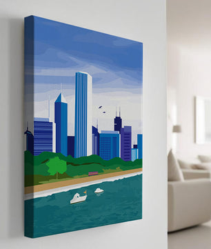 Paisaje urbano moderno con skyline y frente al agua en un estilo vibrante