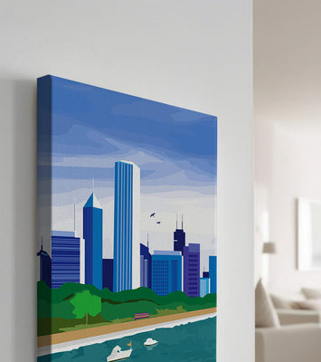 Modern cityscape with skyline and waterfront in a vibrant style