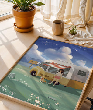 Girl with dog by camper van in serene nature setting