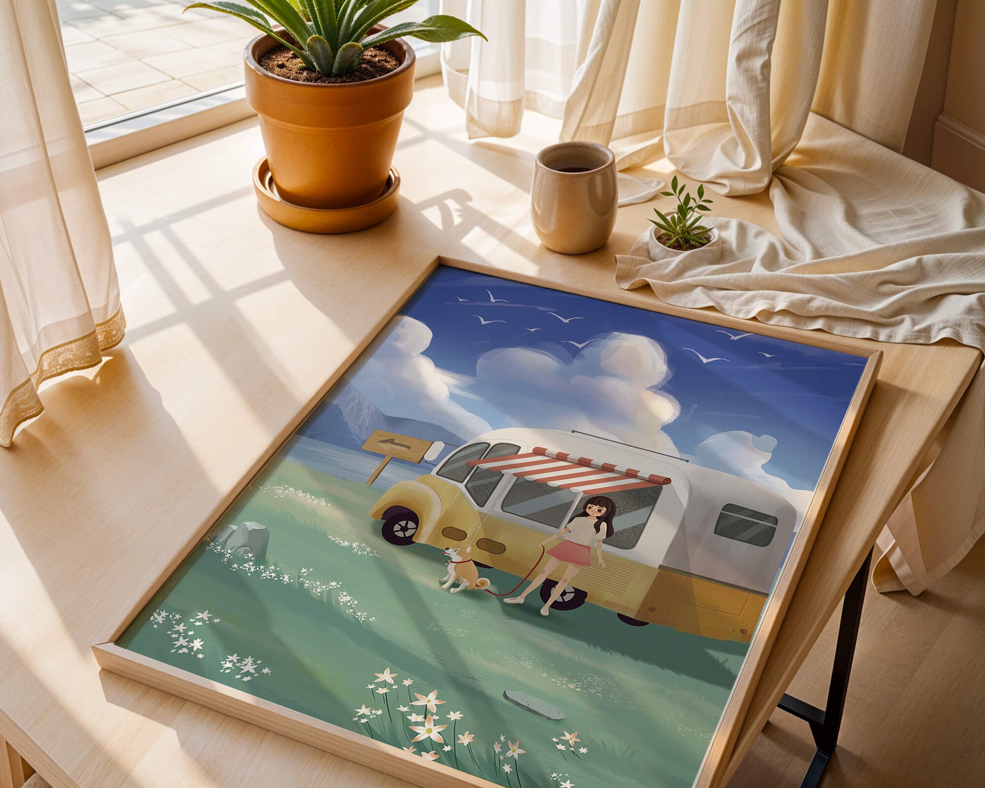 Girl with dog by camper van in serene nature setting