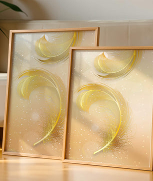 Elegant golden feather design with shimmering background