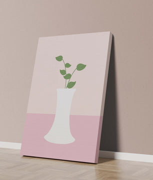 Simple Minimalist Illustration of a White Vase with Green Leaves on a Pink Background - Mi tienda