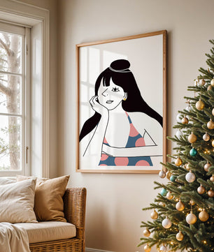 Elegant Minimalist Woman Portrait with Polka Dot Dress and Gold Earring - Mi tienda