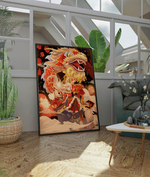 Personnage dynamique avec dragon et lanternes dans une œuvre d'art animée et vibrante