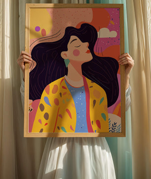 Ilustración colorida de una mujer en estilo artístico con fondo vibrante
