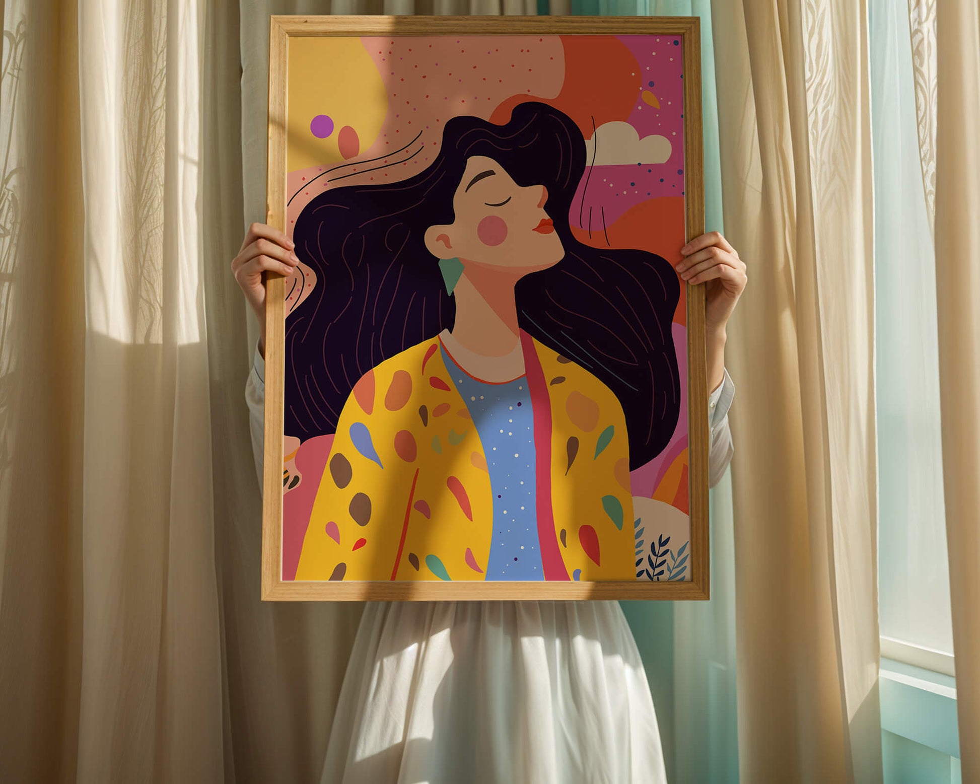 Ilustración colorida de una mujer en estilo artístico con fondo vibrante