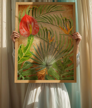 Colorful botanical illustration with tropical leaves on textured background