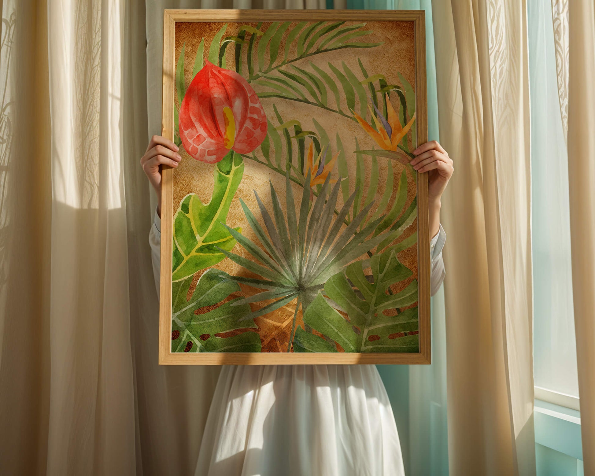 Colorful botanical illustration with tropical leaves on textured background
