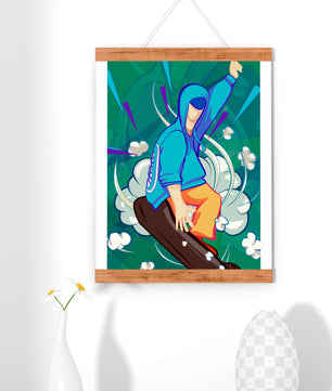 Ilustración abstracta colorida de una persona en movimiento con tonos azules y verdes