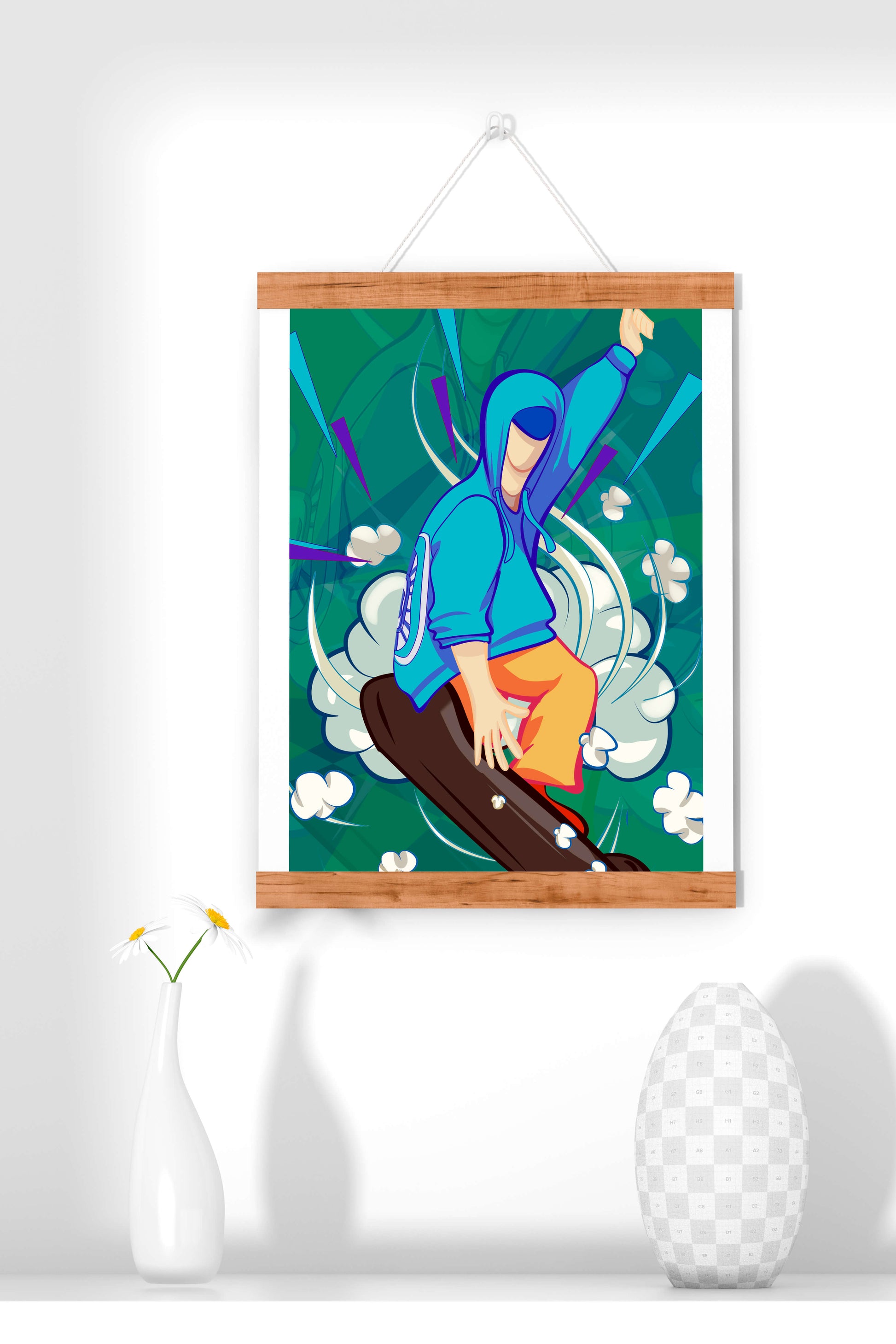 Ilustración abstracta colorida de una persona en movimiento con tonos azules y verdes