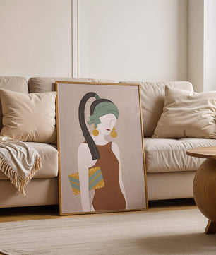 Retrato de mujer estilizado con colores apagados y elementos geométricos