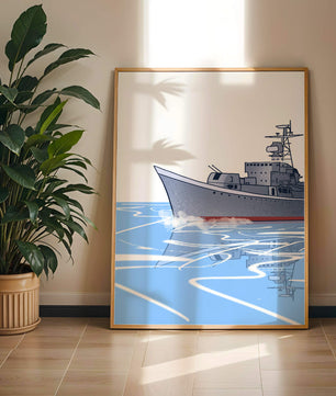 Illustrative depiction of a warship sailing on calm waters