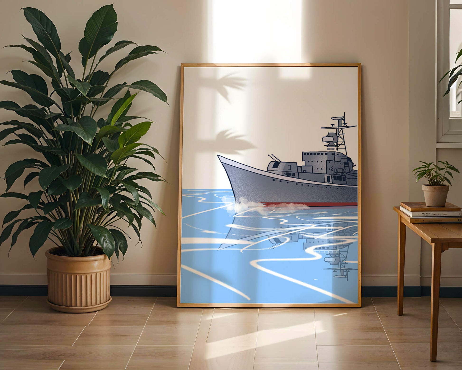 Illustrative depiction of a warship sailing on calm waters
