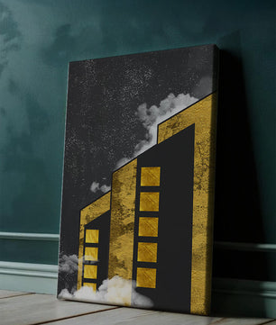 Ilustración arquitectónica artística con elementos dorados y cielo nocturno