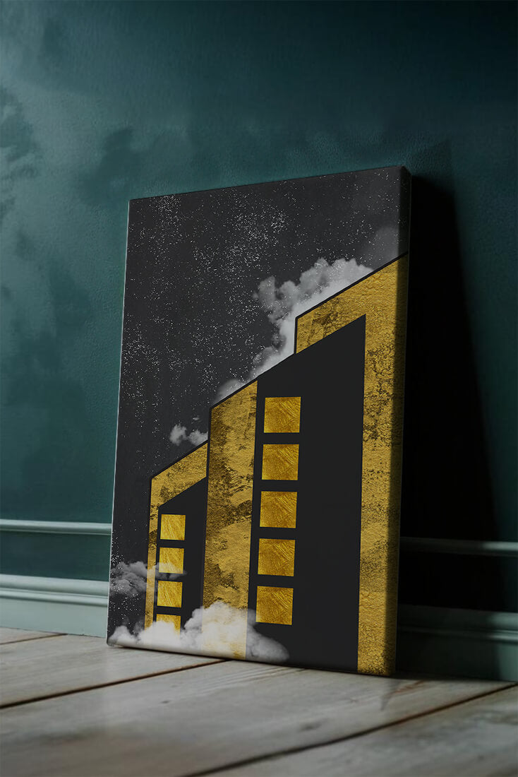 Artistic architectural illustration with golden elements and night sky