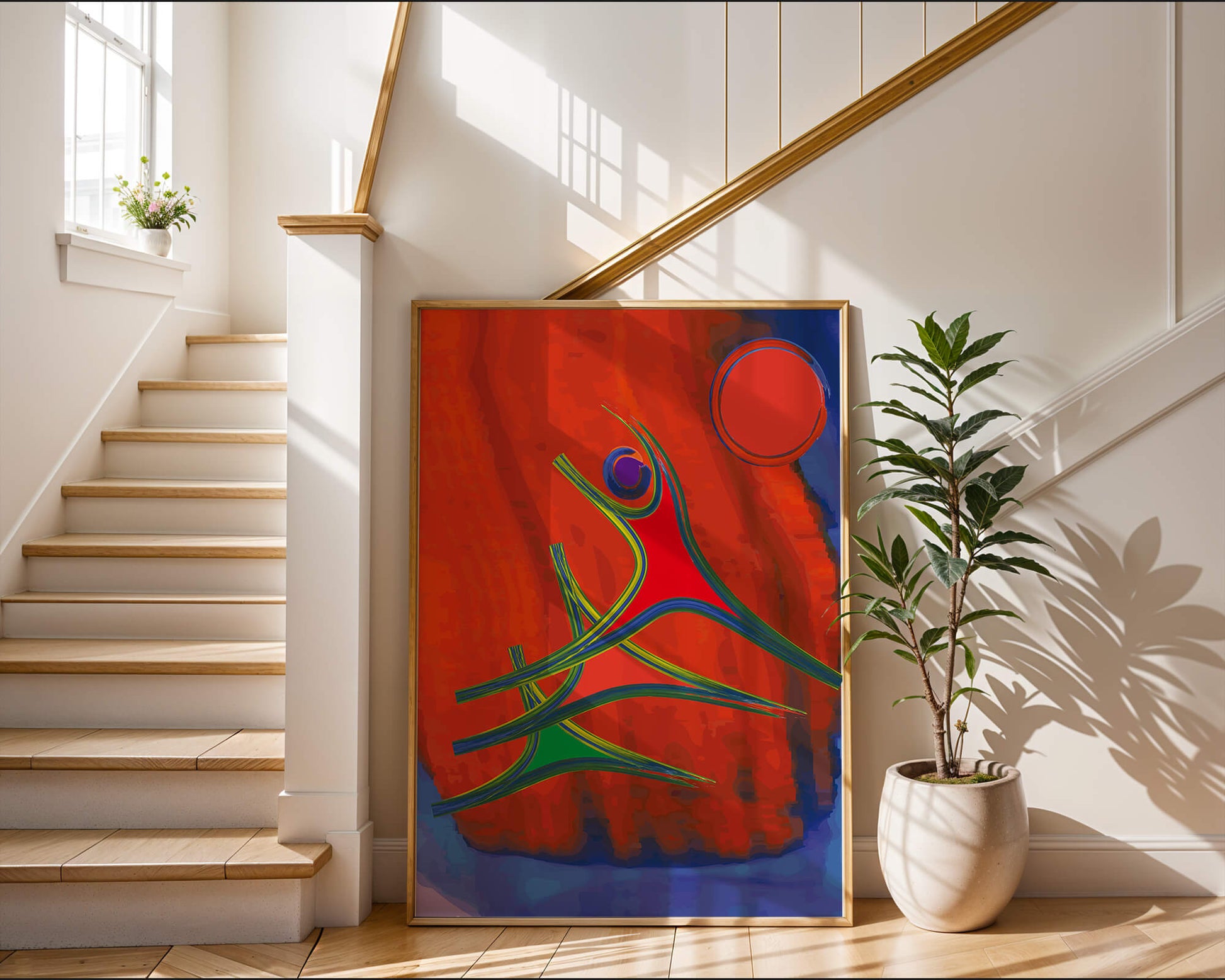Abstract colorful artwork with dynamic figures and bold colors
