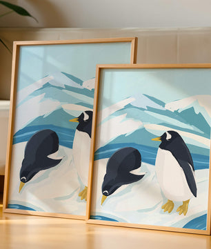 Gentoo penguins in an Antarctic landscape illustration