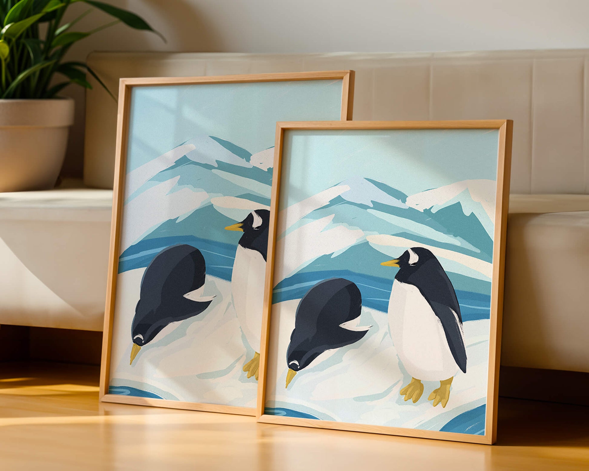 Gentoo penguins in an Antarctic landscape illustration