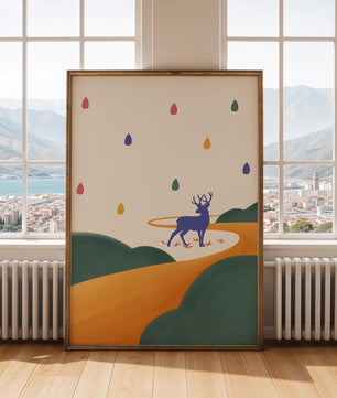 Colorful abstract deer illustration within a serene landscape