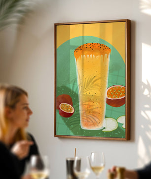 Illustrated tropical passion fruit drink with fresh slices
