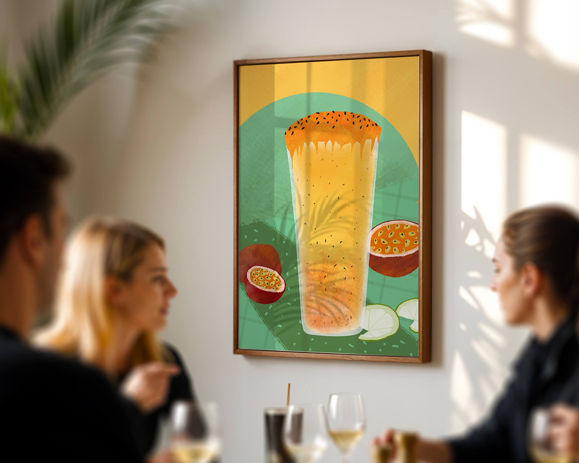 Illustrated tropical passion fruit drink with fresh slices