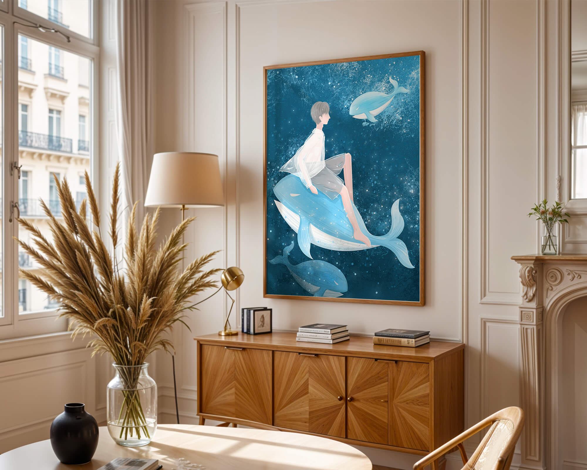 Fantasy illustration of person on blue whale in underwater scene