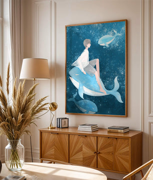 Illustration fantastique d'une personne sur une baleine bleue dans une scène sous-marine