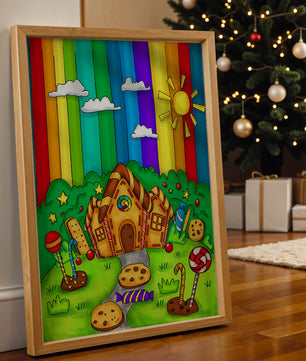 Whimsical candy house in a vibrant rainbow landscape