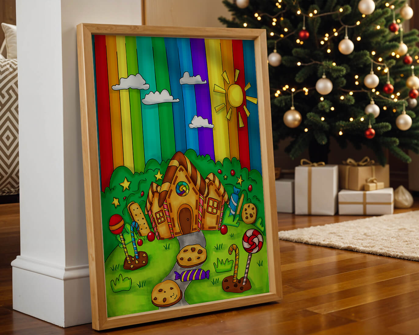 Whimsical candy house in a vibrant rainbow landscape