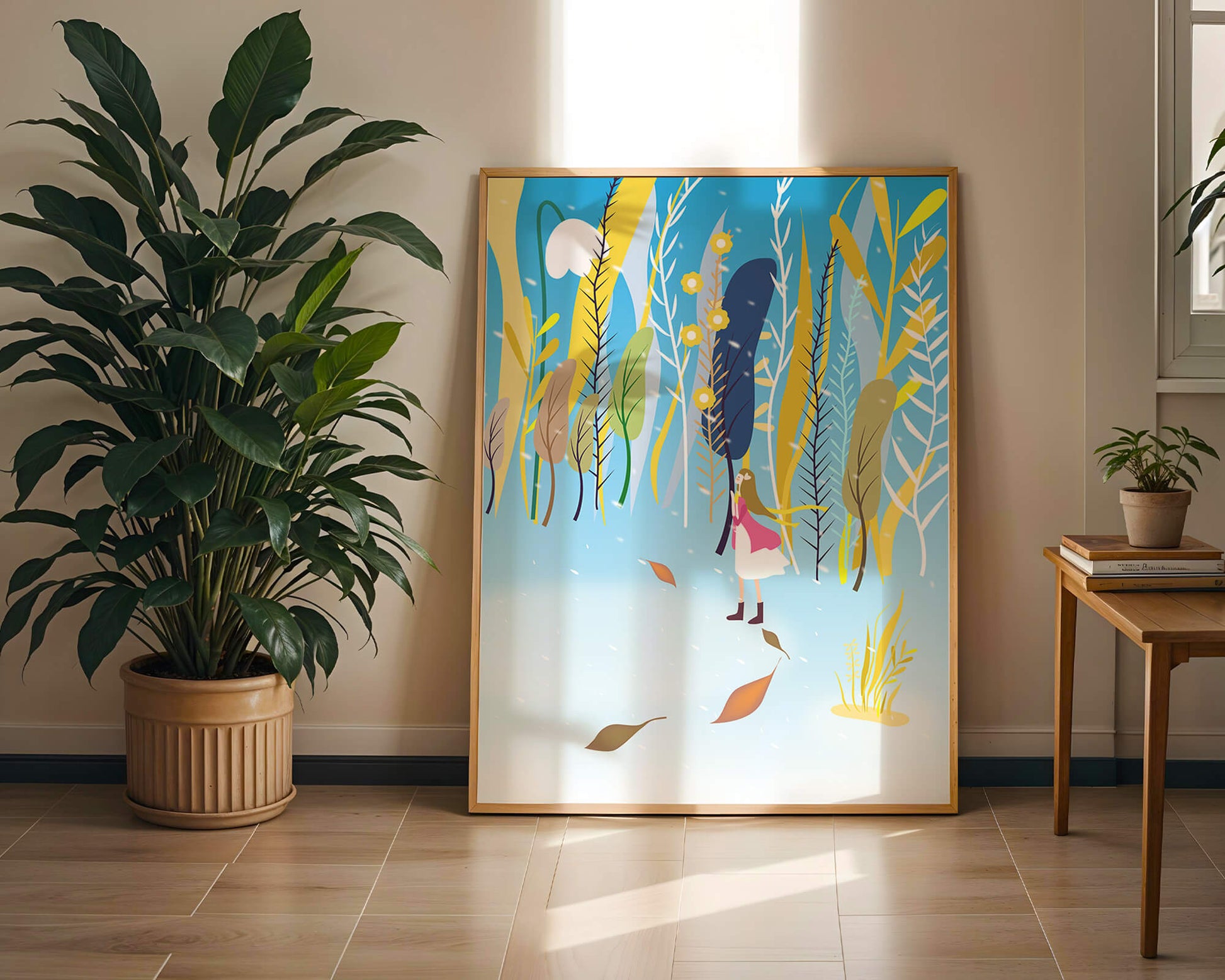 Whimsical scene with girl in colorful abstract forest
