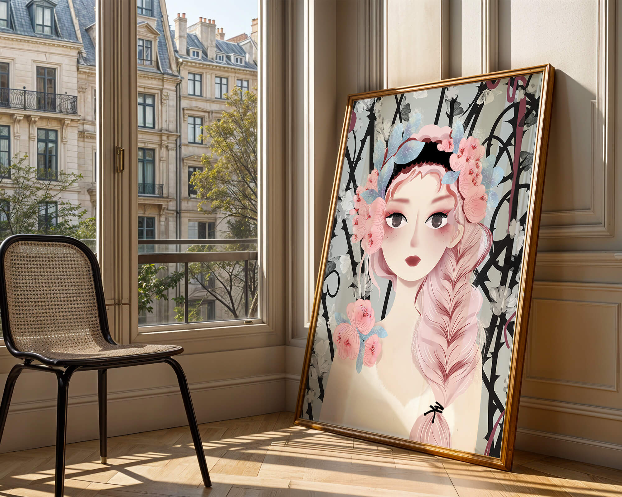 Illustration of a girl with floral headpiece against abstract floral background