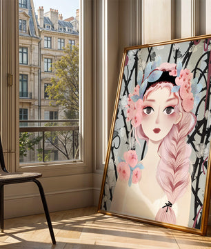 Illustration of a girl with floral headpiece against abstract floral background