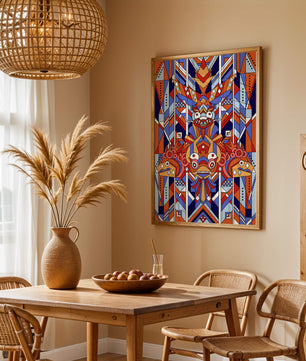 Arte tribal geométrico con colores vibrantes y patrones simétricos