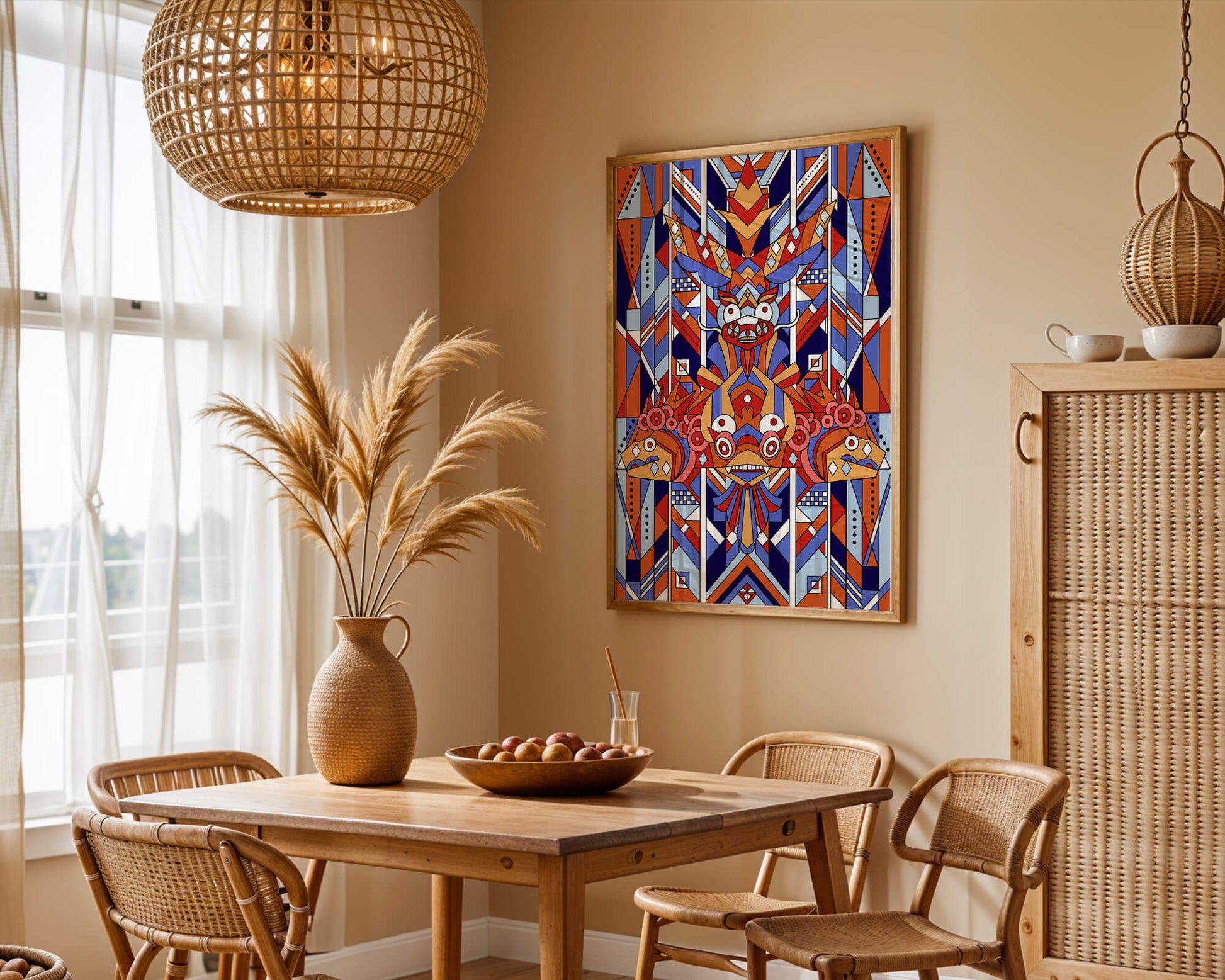 Arte tribal geométrico con colores vibrantes y patrones simétricos