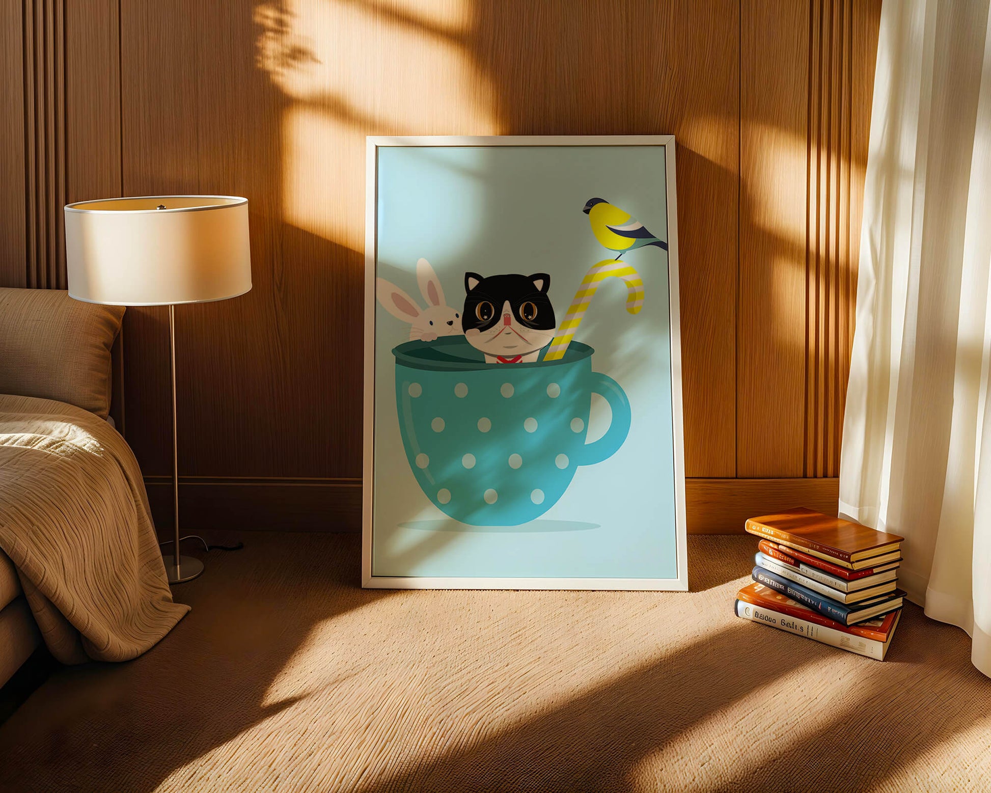Ilustración lúdica de un gato, un conejo y un pájaro en una taza de té.