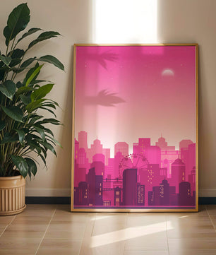 Skyline urbano al anochecer con degradado rosa y noria