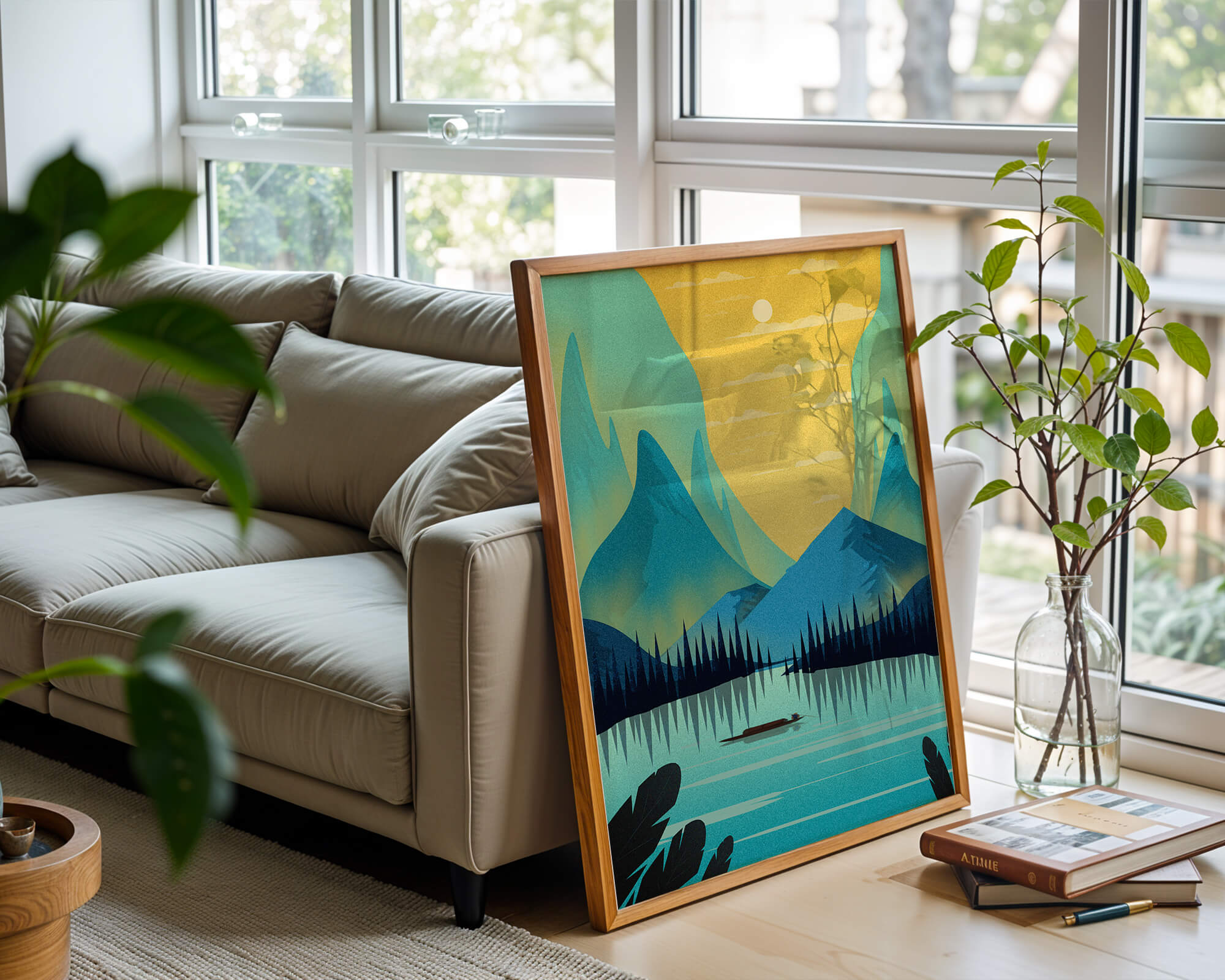 Serene lake landscape with mountains and sunset