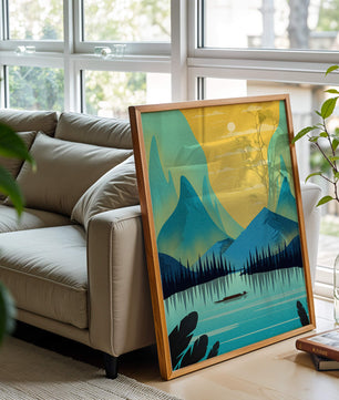 Serene lake landscape with mountains and sunset