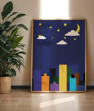 Night cityscape with colorful buildings and starry sky