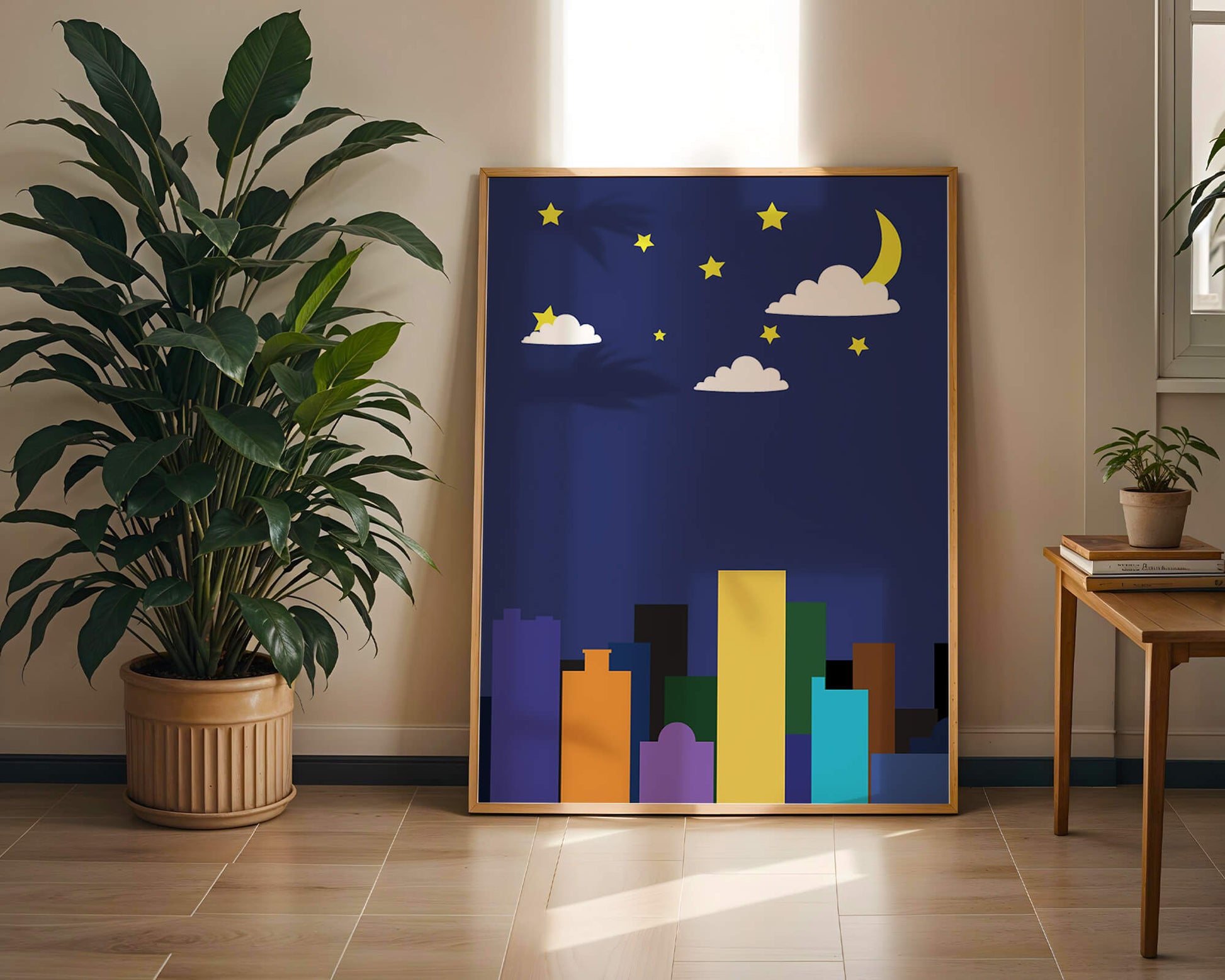 Night cityscape with colorful buildings and starry sky