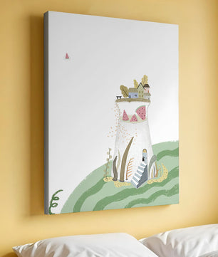 Whimsical Landscape with Fantasy Village and Watermelon Elements