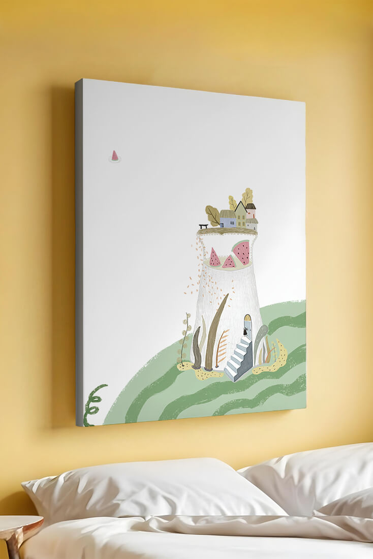 Whimsical Landscape with Fantasy Village and Watermelon Elements
