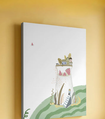 Whimsical Landscape with Fantasy Village and Watermelon Elements