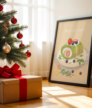 Illustration of a Matcha Roll Cake with Fresh Berries on Pastel Background - Mi tienda
