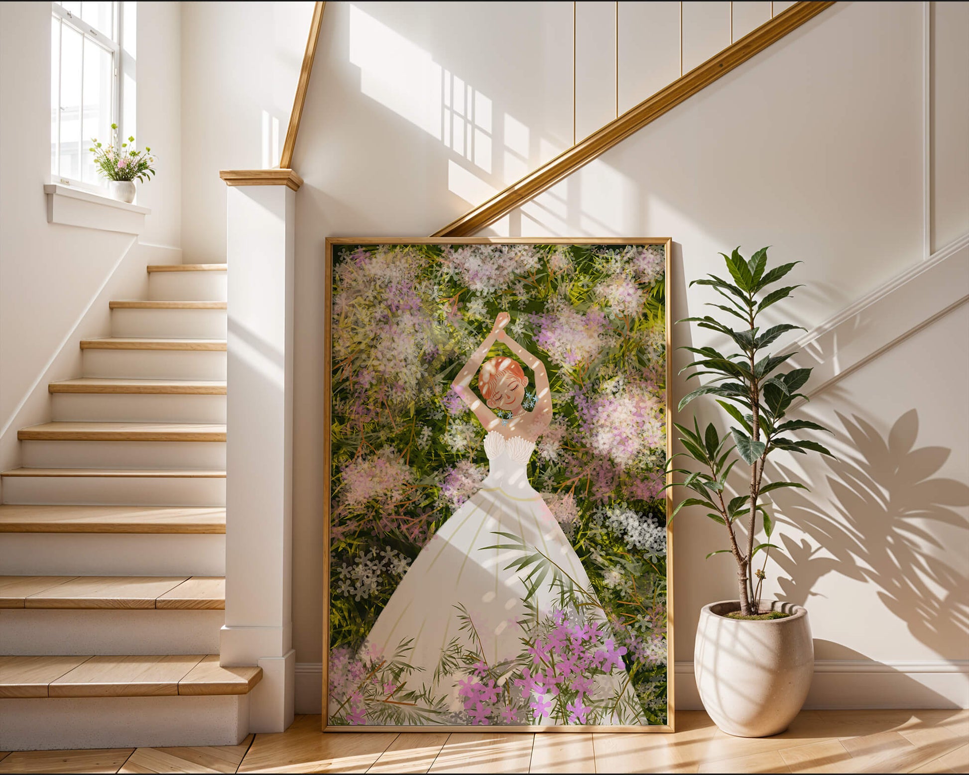 Woman in white dress lying among flowers in a garden