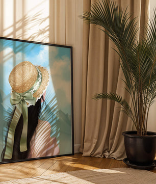 Woman with straw hat and mountain view under blue sky