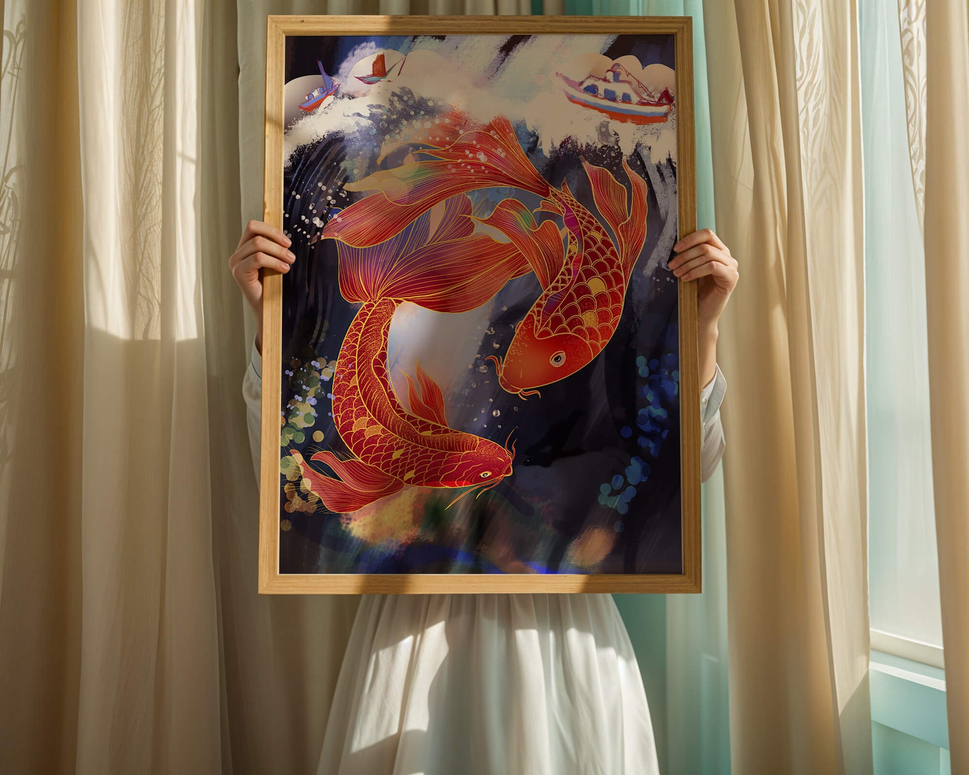 Representación artística de peces koi nadando con barcos en colores vibrantes.
